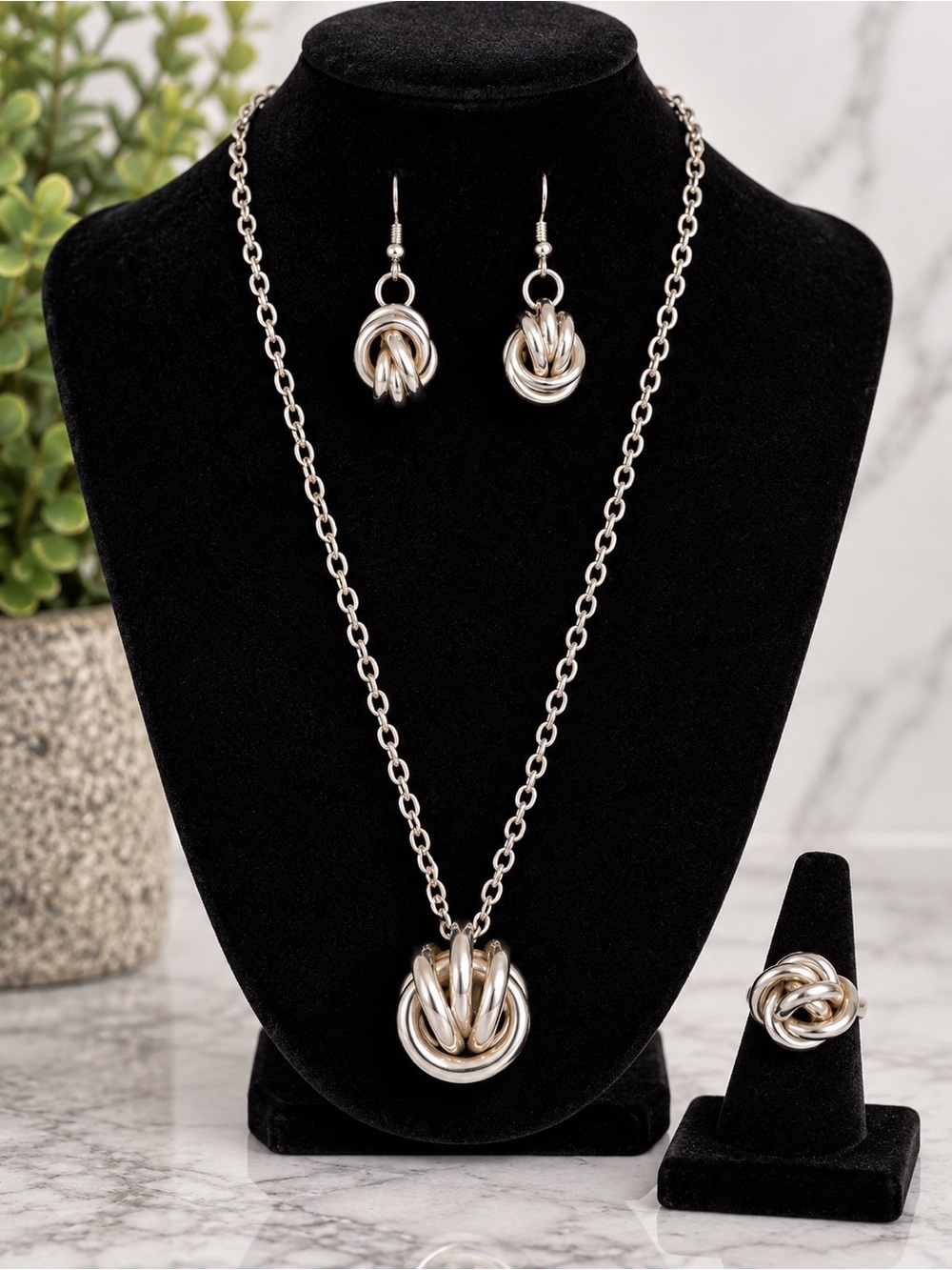Vintage Silver Tone Love Knot 4 Piece Jewelry Set Necklace Earrings Ring